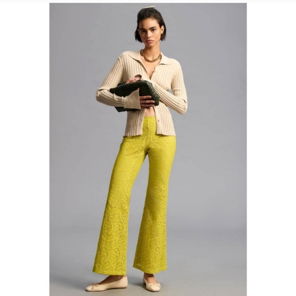 Anthropologie Chartreuse Flare Hippie Goth Coquette Preppy Boho Festival Pant 10 - Picture 1 of 10